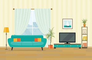 Living room interior design with furniture: sofa, bookcase, tv, lamps. Flat style vector illustration