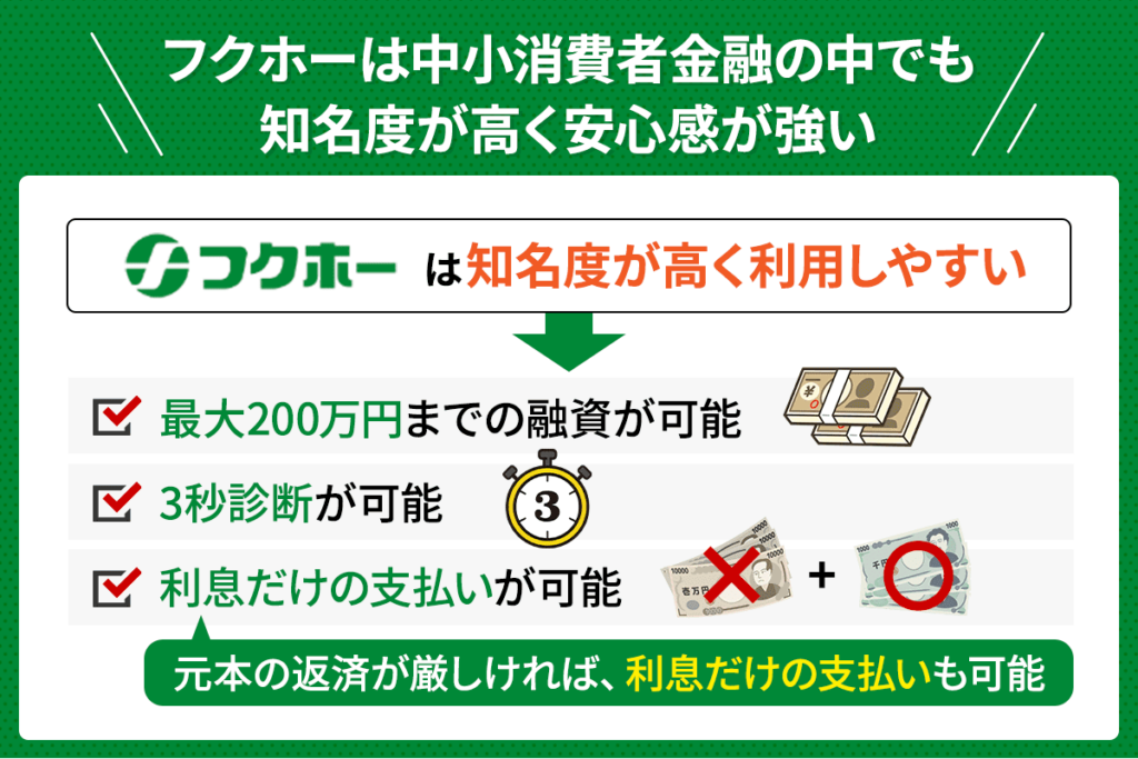 フクホーは中小消費者金融の中でも知名度が高く安心感が強いということを説明したイラスト