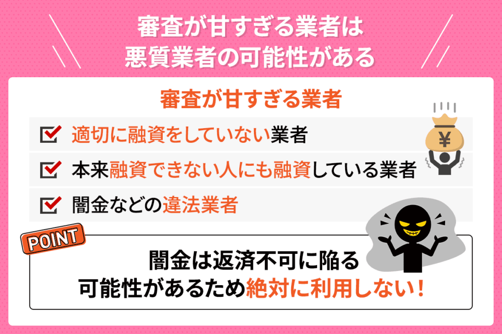 審査が甘すぎる業者は悪質業者の可能性があるということを表したイラスト