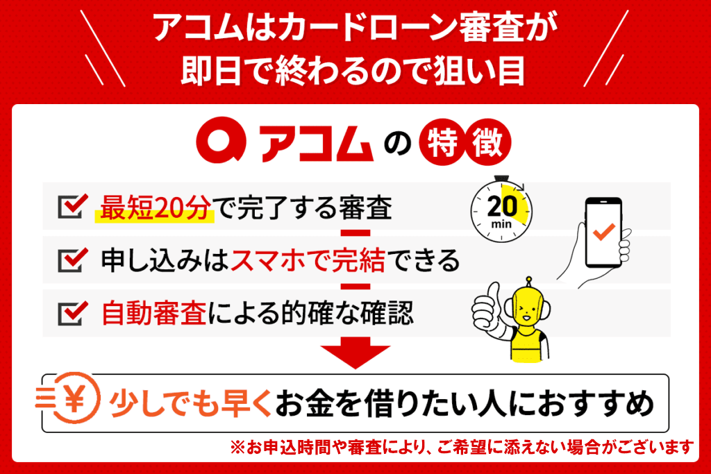 アコムはカードローン審査が即日で終わるので狙い目ということを表したイラスト