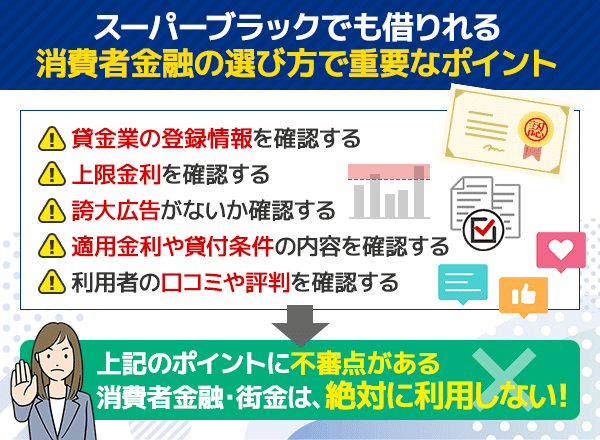 スーパーブラックでも借りれる可能性がある消費者金融を選ぶ時のポイントについて解説している画像