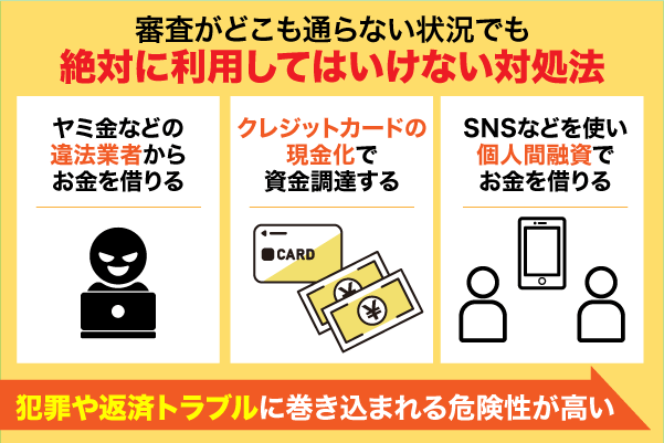 審査がどこも通らない状況でも絶対に利用してはいけない対処法を解説している画像